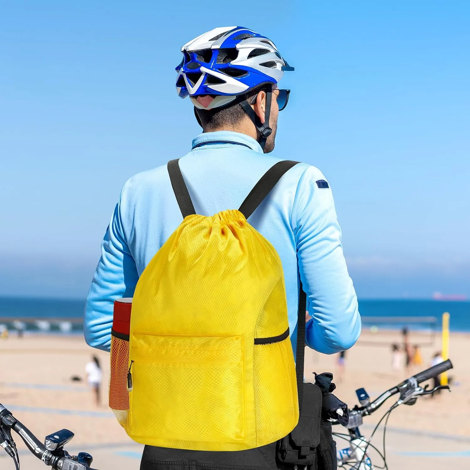 NATURAL STYLE Waterproof Drawstring Bag, Lightweight String Backpack with Water Bottle Holder and Pockets (Yellow)