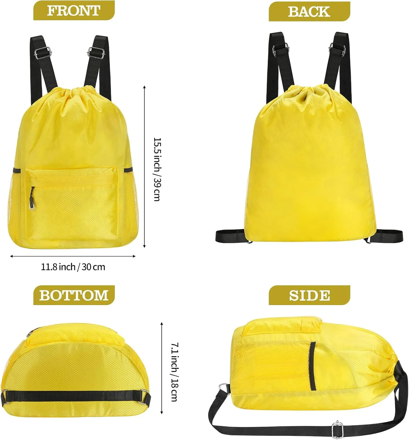 NATURAL STYLE Waterproof Drawstring Bag, Lightweight String Backpack with Water Bottle Holder and Pockets (Yellow)