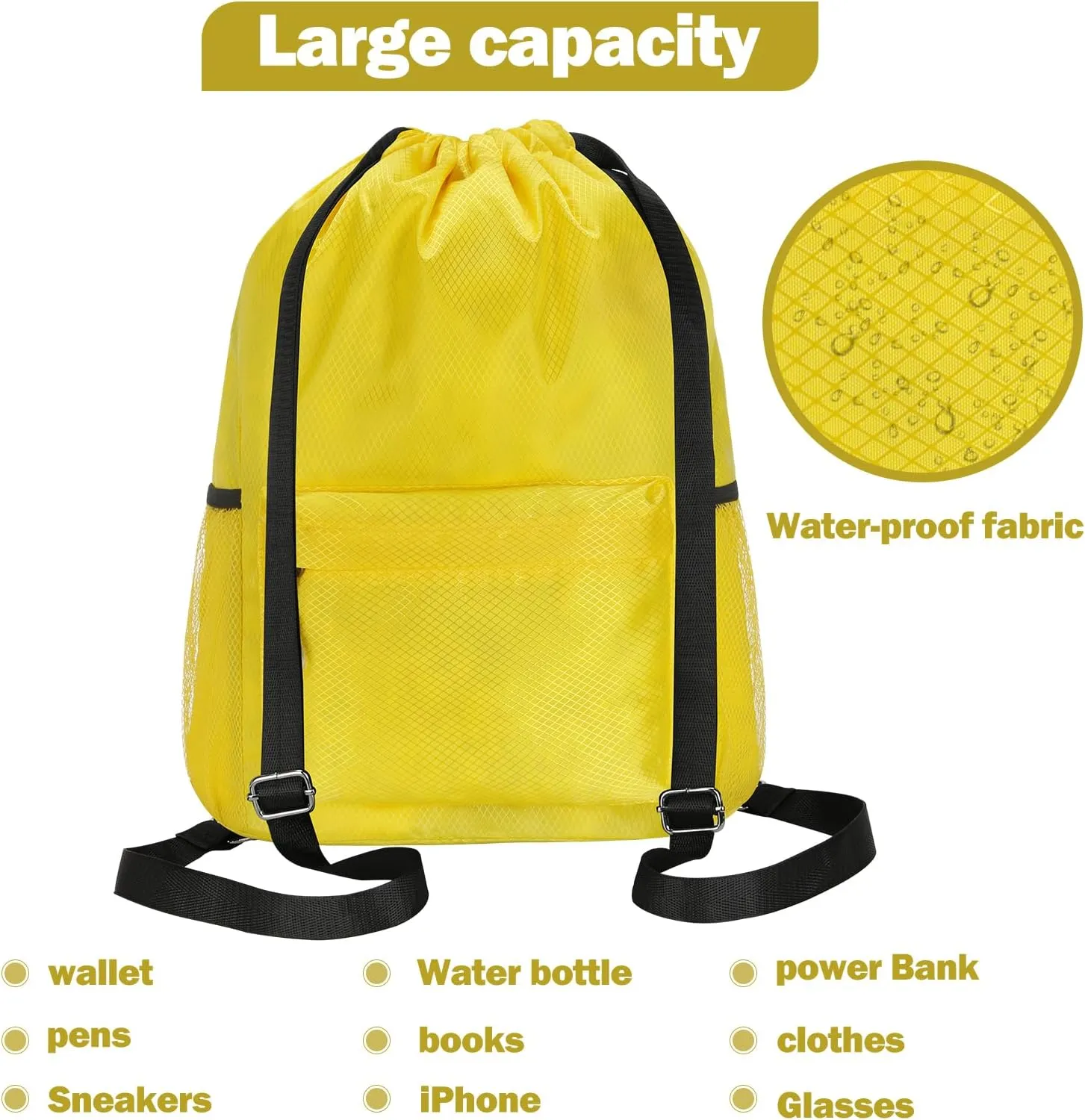 NATURAL STYLE Waterproof Drawstring Bag, Lightweight String Backpack with Water Bottle Holder and Pockets (Yellow)