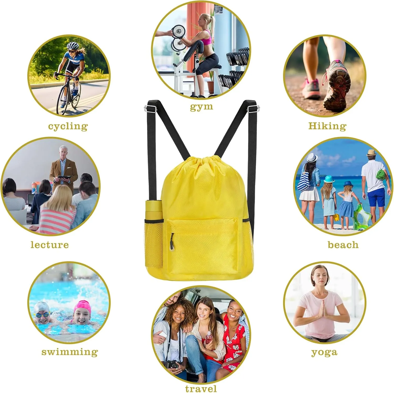 NATURAL STYLE Waterproof Drawstring Bag, Lightweight String Backpack with Water Bottle Holder and Pockets (Yellow)