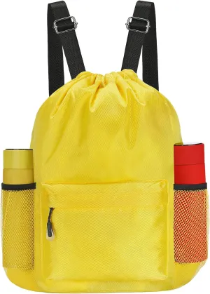 NATURAL STYLE Waterproof Drawstring Bag, Lightweight String Backpack with Water Bottle Holder and Pockets (Yellow)