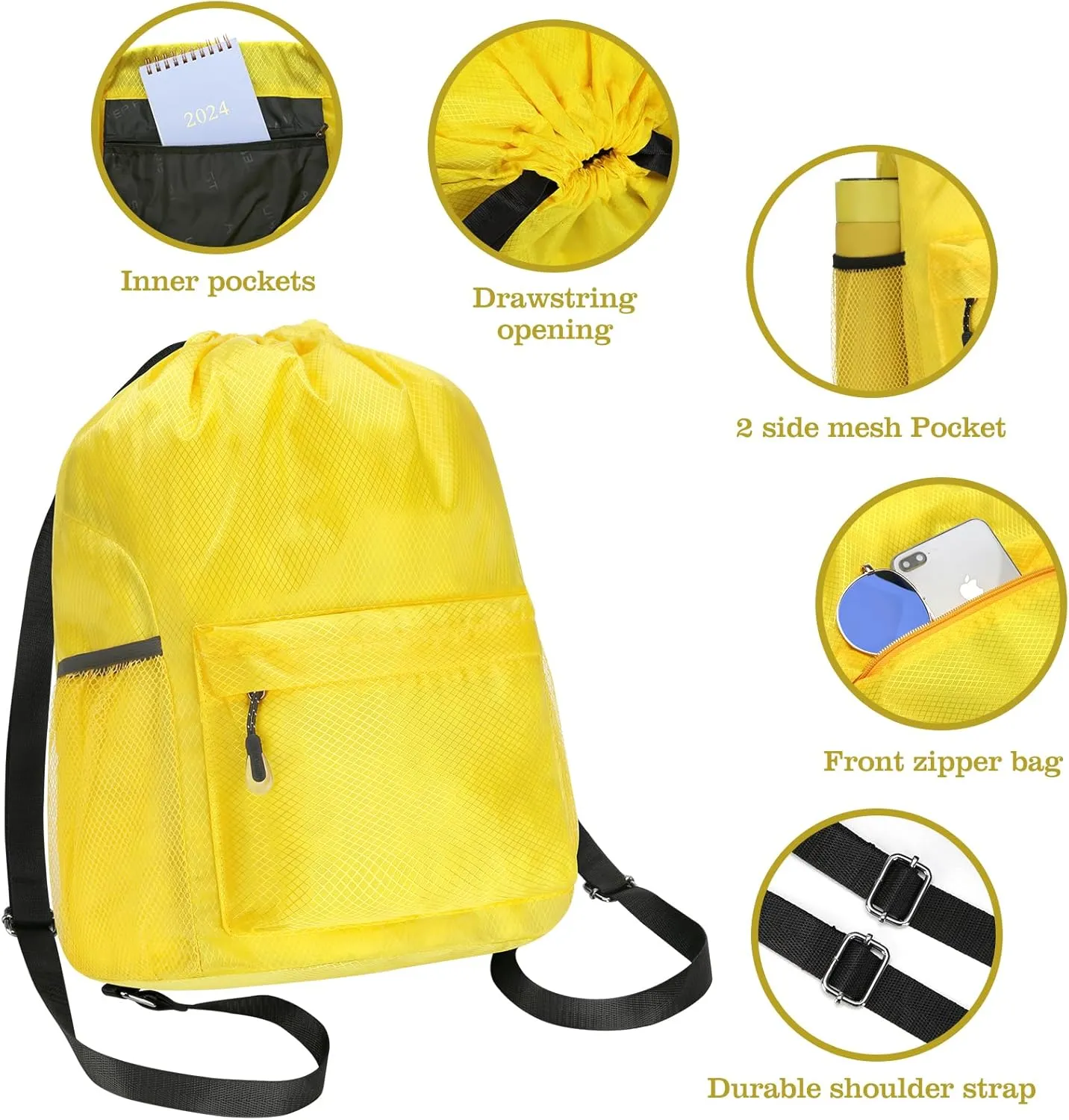 NATURAL STYLE Waterproof Drawstring Bag, Lightweight String Backpack with Water Bottle Holder and Pockets (Yellow)