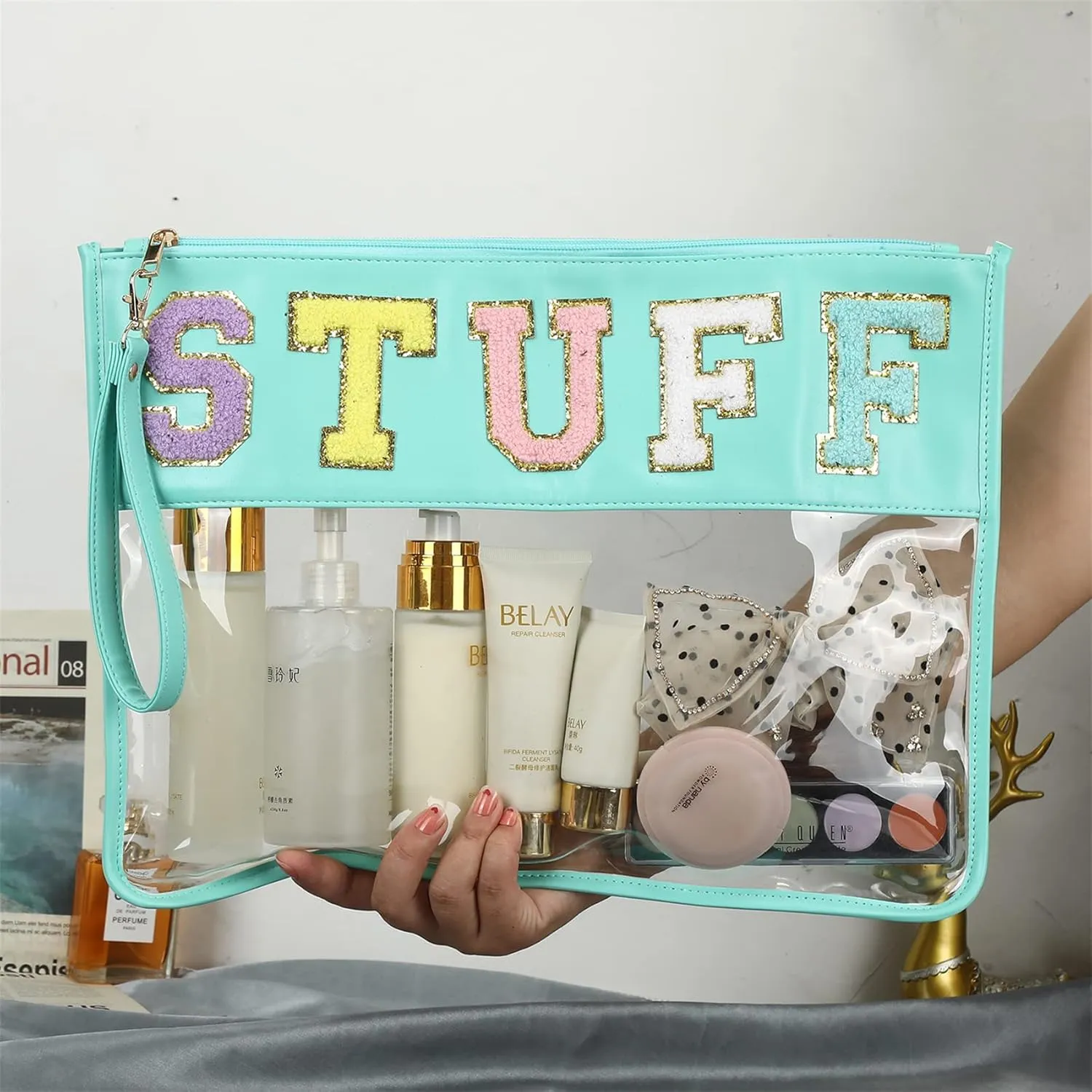 Oufegm Monogram Chenille Clear Makeup Letter Bag Clear Purse Travel Stadium Letter Bags Snack Pouch Clear Beach Bags for Cosmetics And Toiletries Organization Clear Travel Pouch