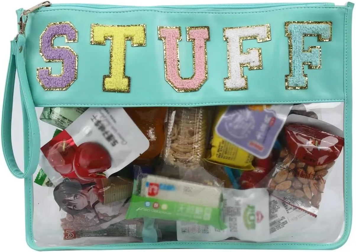 Oufegm Monogram Chenille Clear Makeup Letter Bag Clear Purse Travel Stadium Letter Bags Snack Pouch Clear Beach Bags for Cosmetics And Toiletries Organization Clear Travel Pouch