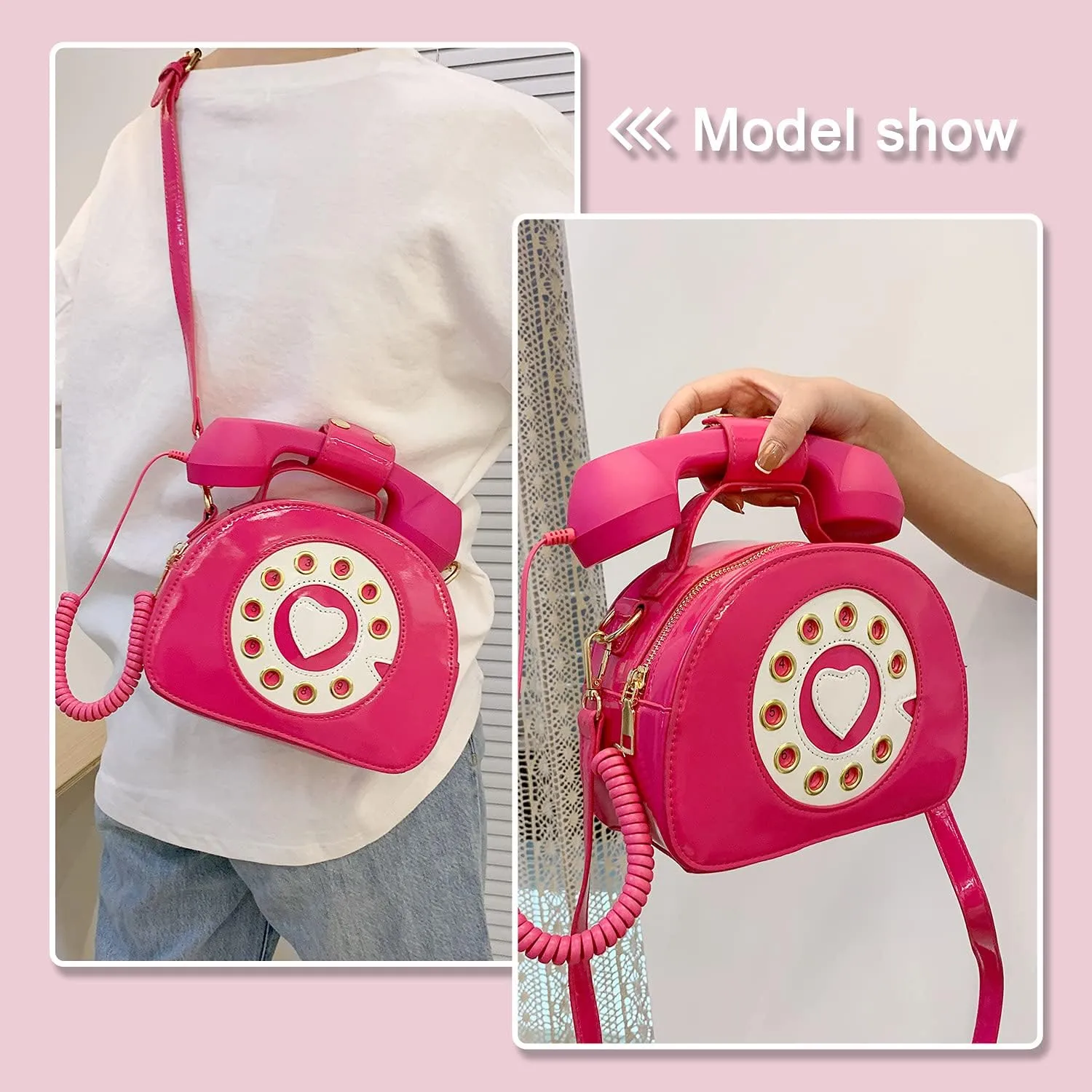 Oweisong Fun Telephone Purse for Women Novelty Pink Phone Tote Handbags Top Handle Shoulder Crossbdoy Bag
