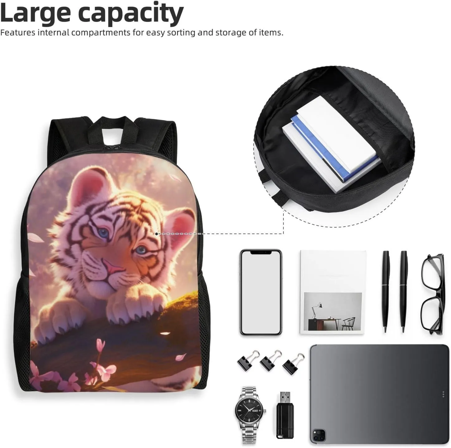 Peach Blossom Tiger Backpack Waterproof Anti Theft Durable Light Laptop Bag Backpacks For Women Men Travel Gym Backpack