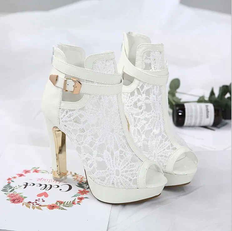 Peep-Toe Lace Mesh High Heel Sandals