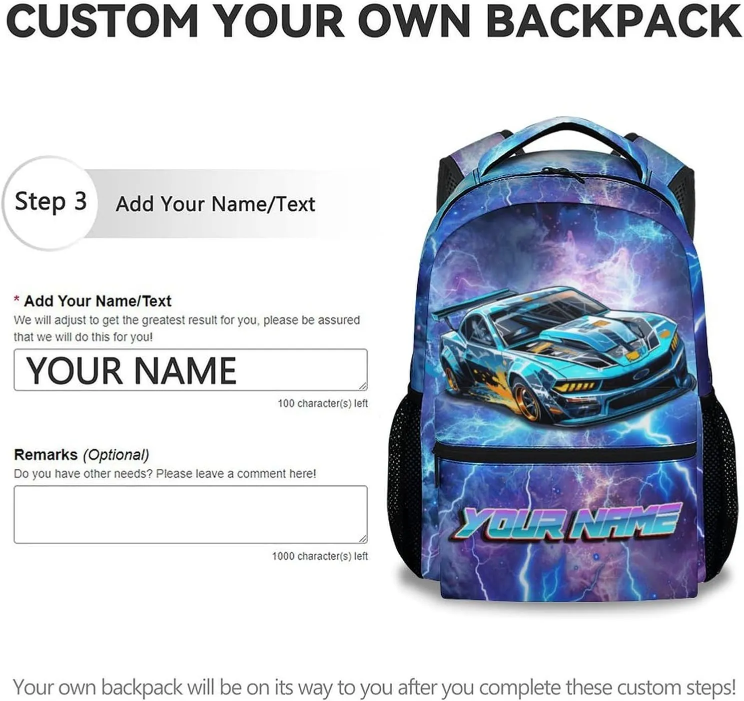 Personalized Boys Backpack with Name - 17 Inch Car Backpacks for Middle School, Highschool - Funny Lightweight Durable Car Bookbag
