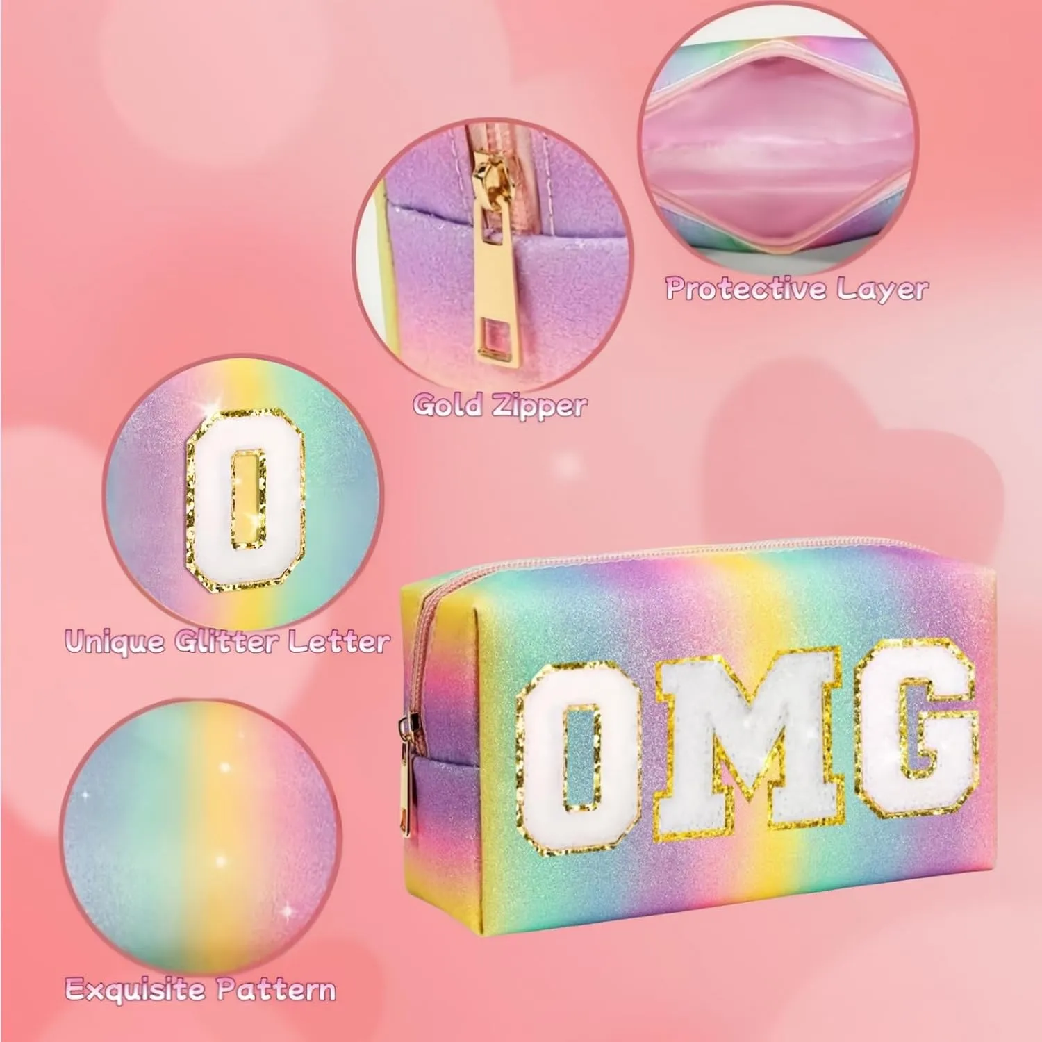 Personalized Makeup Bag for Girls,Preppy Patch FUN SUN POP VIP WOW DIY LOL Letters Cosmetic Toiletry Bag,PU Leather Travel Waterproof Bag with Zipper,Birthday Gifts for Girls Women Kids Daughter (OMG)