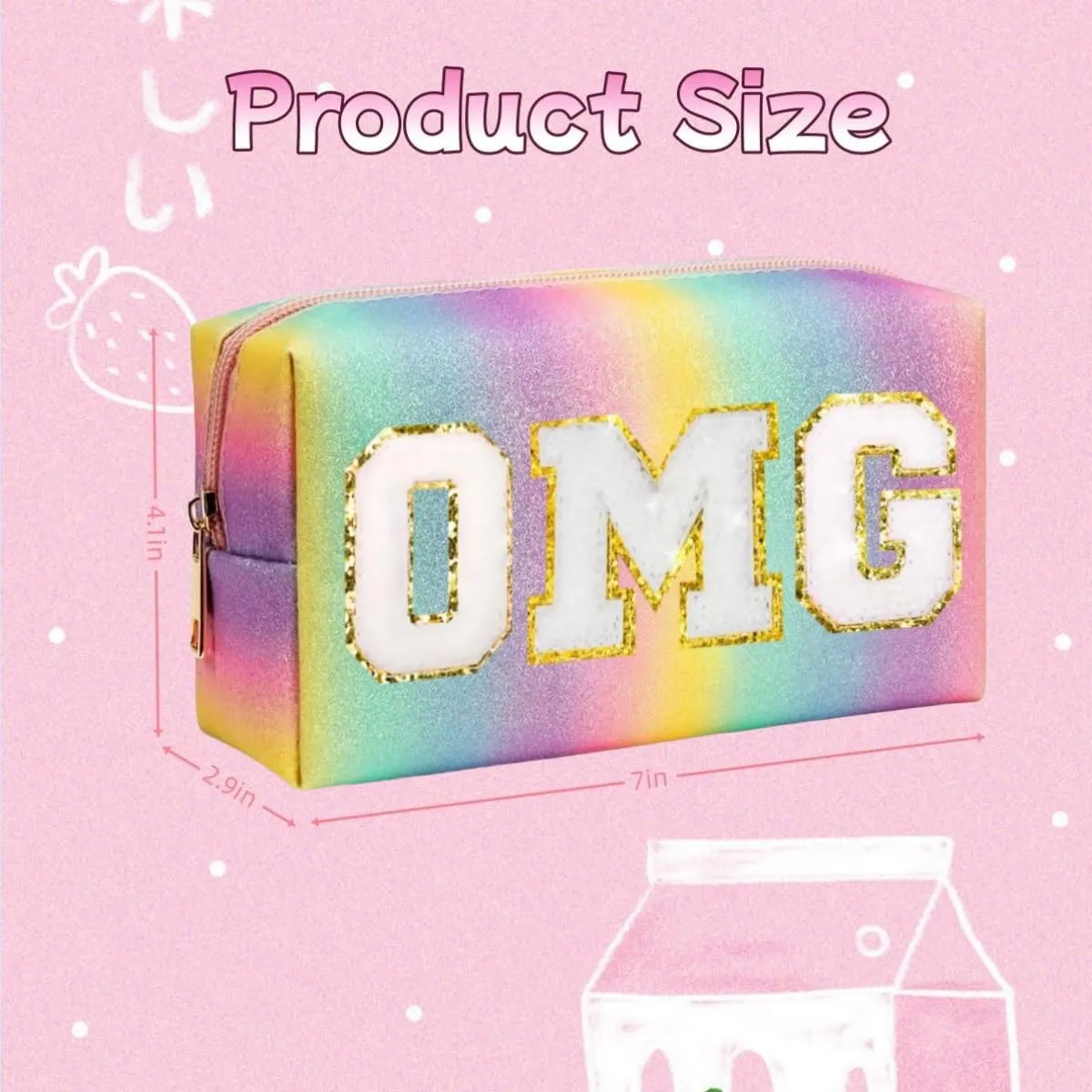 Personalized Makeup Bag for Girls,Preppy Patch FUN SUN POP VIP WOW DIY LOL Letters Cosmetic Toiletry Bag,PU Leather Travel Waterproof Bag with Zipper,Birthday Gifts for Girls Women Kids Daughter (OMG)