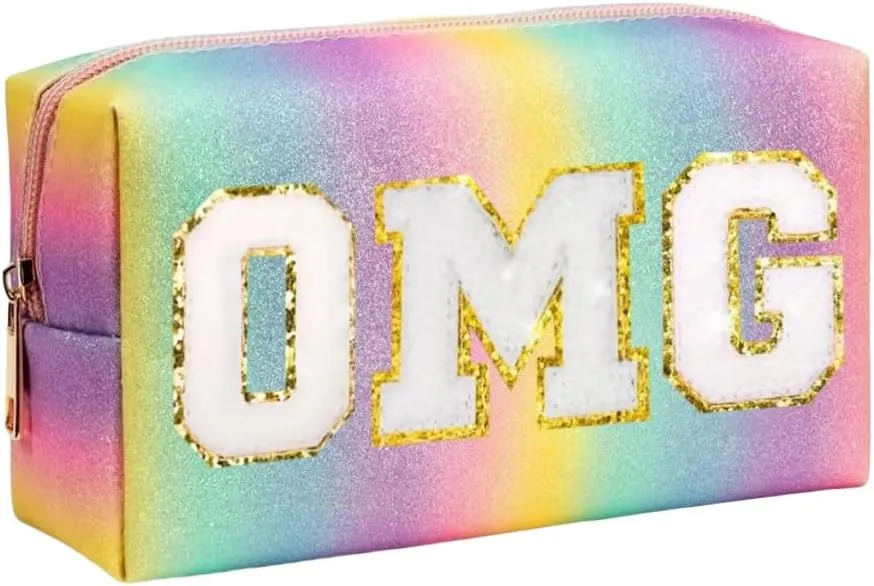 Personalized Makeup Bag for Girls,Preppy Patch FUN SUN POP VIP WOW DIY LOL Letters Cosmetic Toiletry Bag,PU Leather Travel Waterproof Bag with Zipper,Birthday Gifts for Girls Women Kids Daughter (OMG)