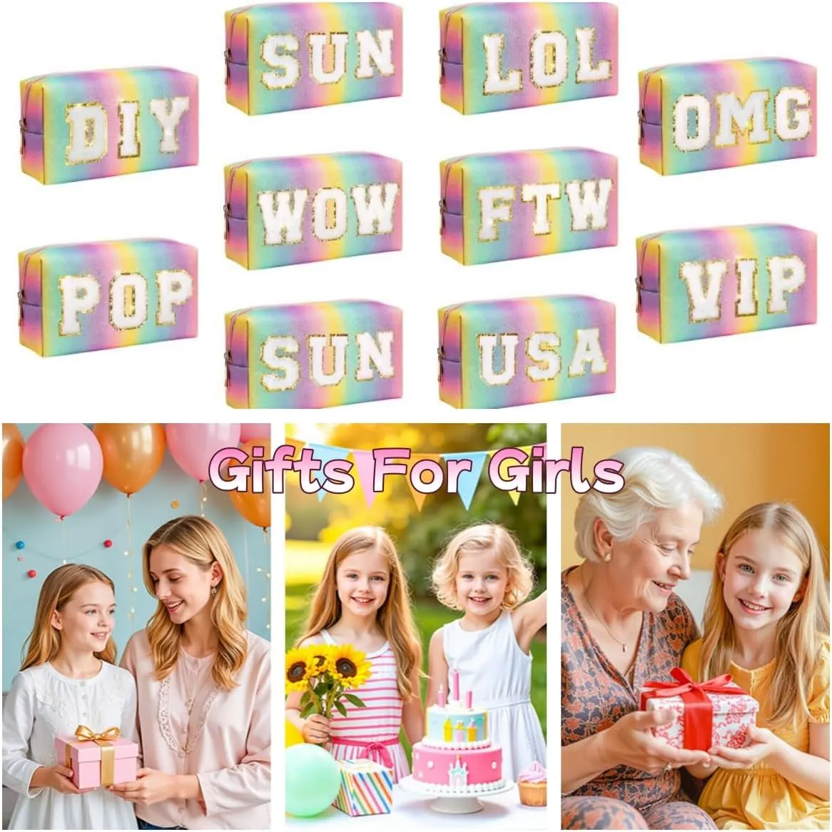 Personalized Makeup Bag for Girls,Preppy Patch FUN SUN POP VIP WOW DIY LOL Letters Cosmetic Toiletry Bag,PU Leather Travel Waterproof Bag with Zipper,Birthday Gifts for Girls Women Kids Daughter (OMG)