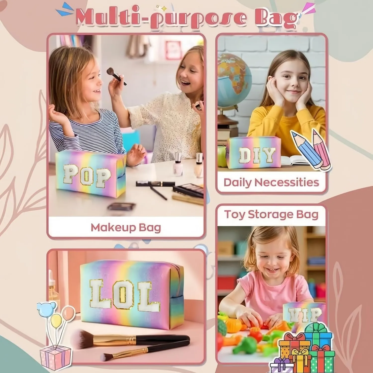 Personalized Makeup Bag for Girls,Preppy Patch FUN SUN POP VIP WOW DIY LOL Letters Cosmetic Toiletry Bag,PU Leather Travel Waterproof Bag with Zipper,Birthday Gifts for Girls Women Kids Daughter (OMG)