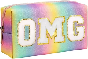 Personalized Makeup Bag for Girls,Preppy Patch FUN SUN POP VIP WOW DIY LOL Letters Cosmetic Toiletry Bag,PU Leather Travel Waterproof Bag with Zipper,Birthday Gifts for Girls Women Kids Daughter (OMG)