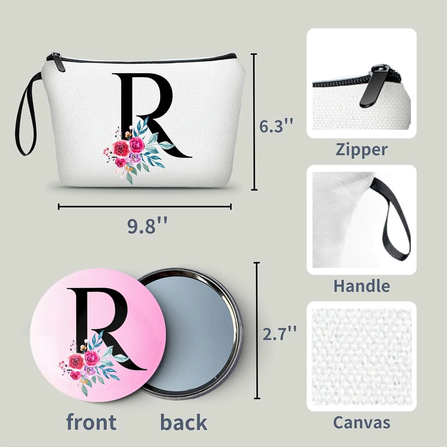 Personalized Makeup Bag for Teen Girls, Unique Birthday Gift for Women, Initial Cosmetic Bag With Mirror (R)