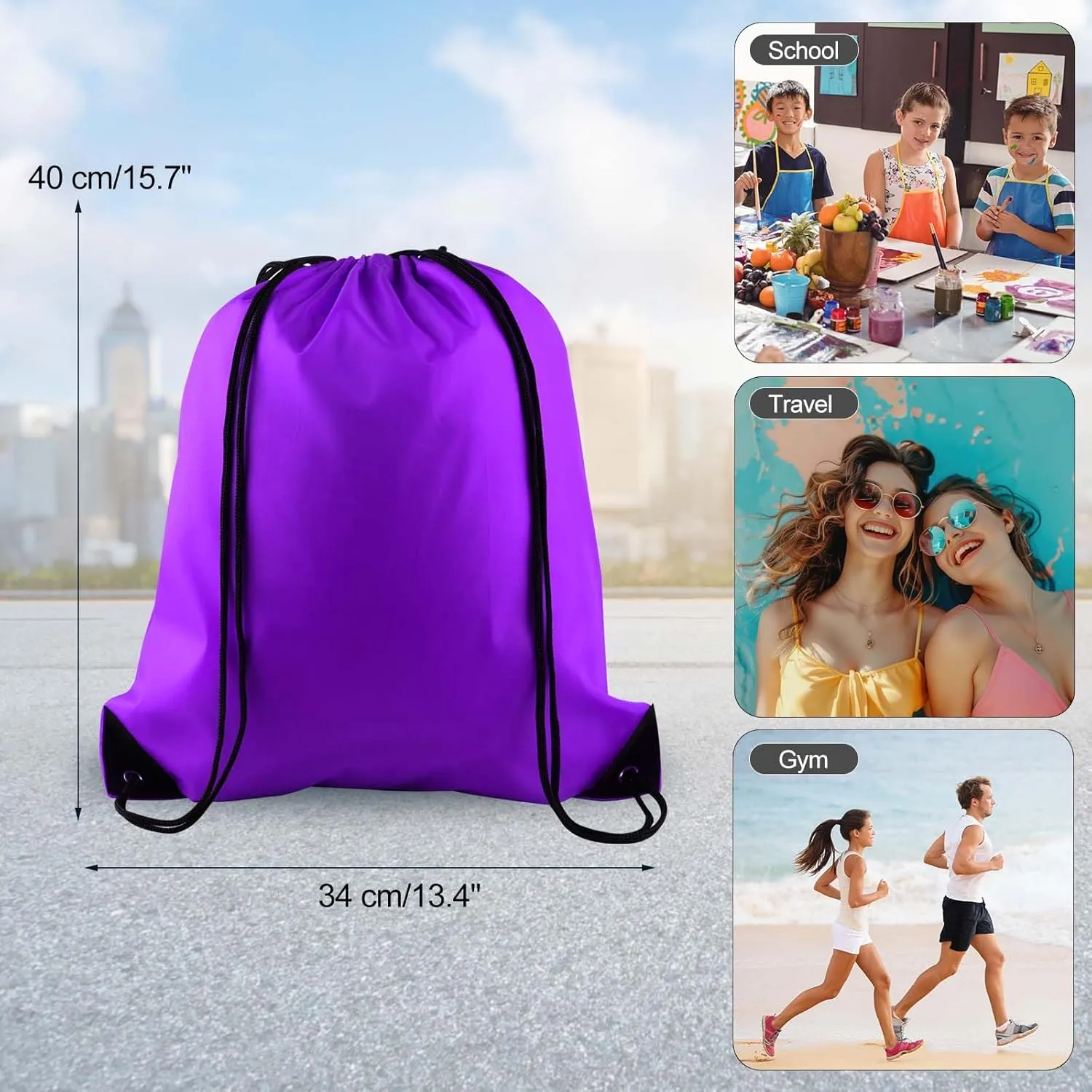 PLULON 2Pcs Drawstring Bags Bulk Drawstring Backpack Black Purple String Backpack Cinch Sack Sport Gym Backpack Bags for Yoga Traveling Outdoor Sports