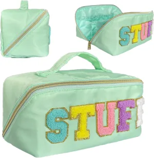 Preppy Stoney Clover Nylon Cosmetic Bag With Chenille Letter Patch - Stuff Pouch Light Green Varsity Letter Makeup Bag