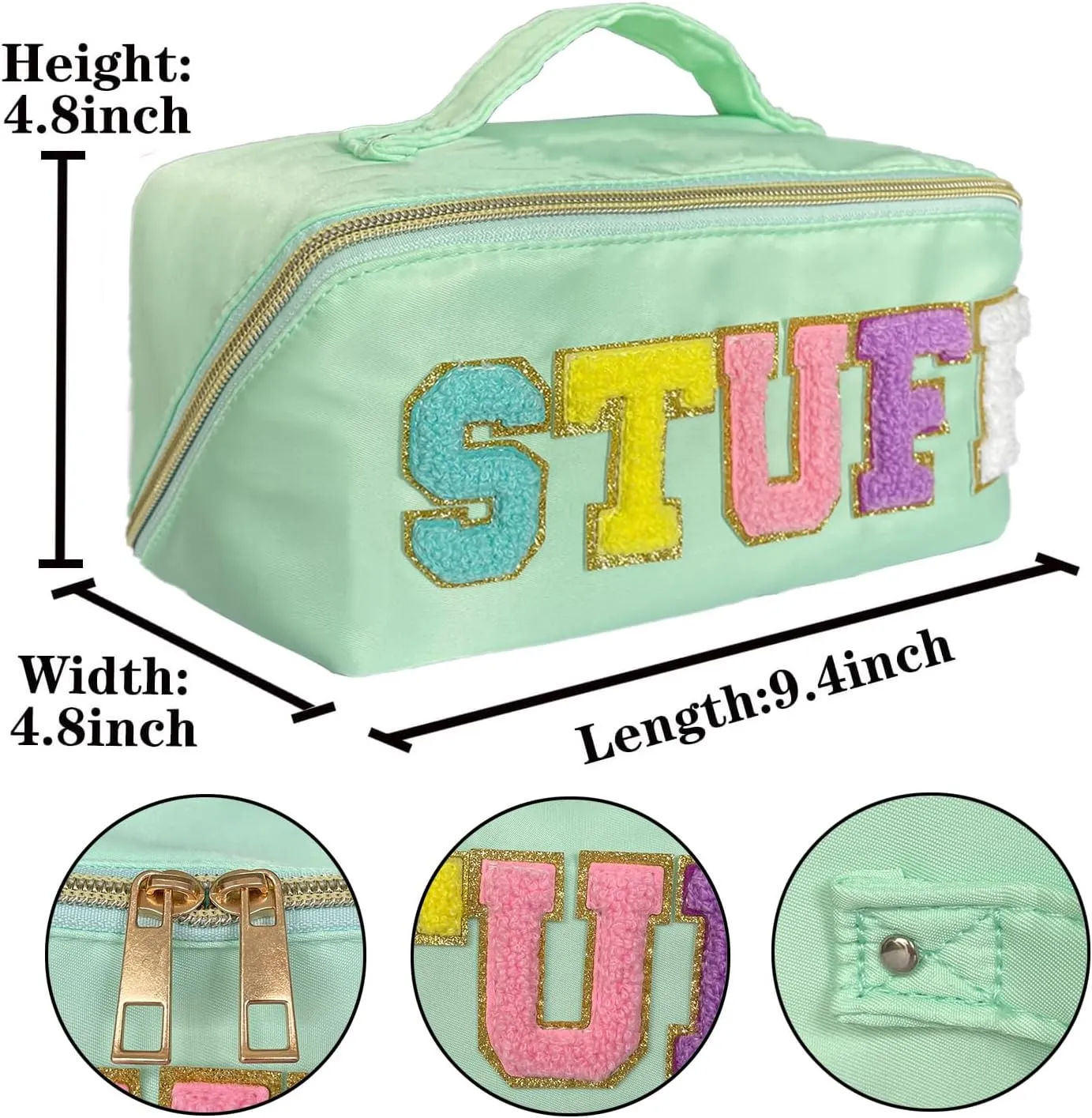 Preppy Stoney Clover Nylon Cosmetic Bag With Chenille Letter Patch - Stuff Pouch Light Green Varsity Letter Makeup Bag