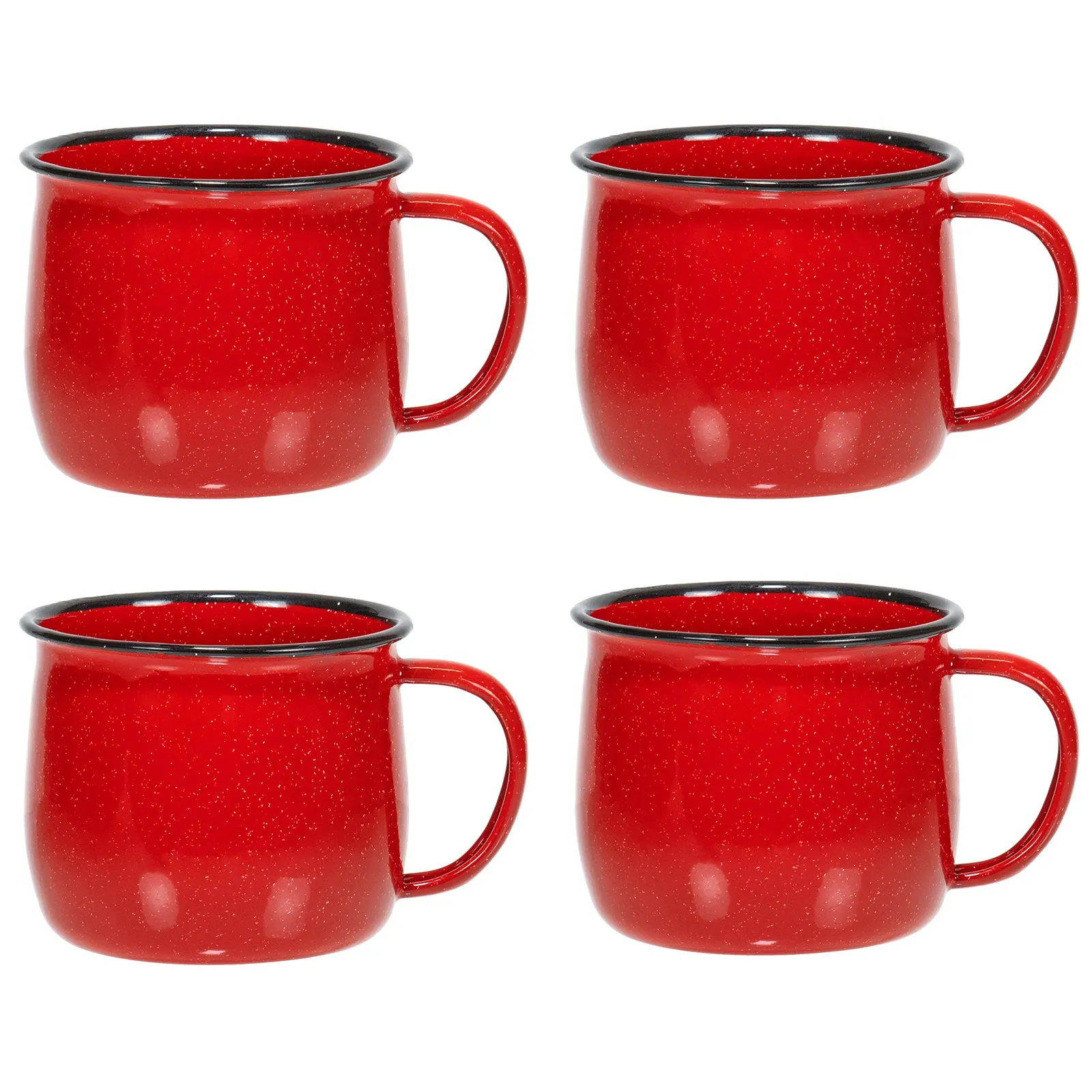 Red Co. Set of 4 Enamelware Metal 13.5 Oz Round Camping Coffee Mugs with Handle, White-Speckled/Black Rim