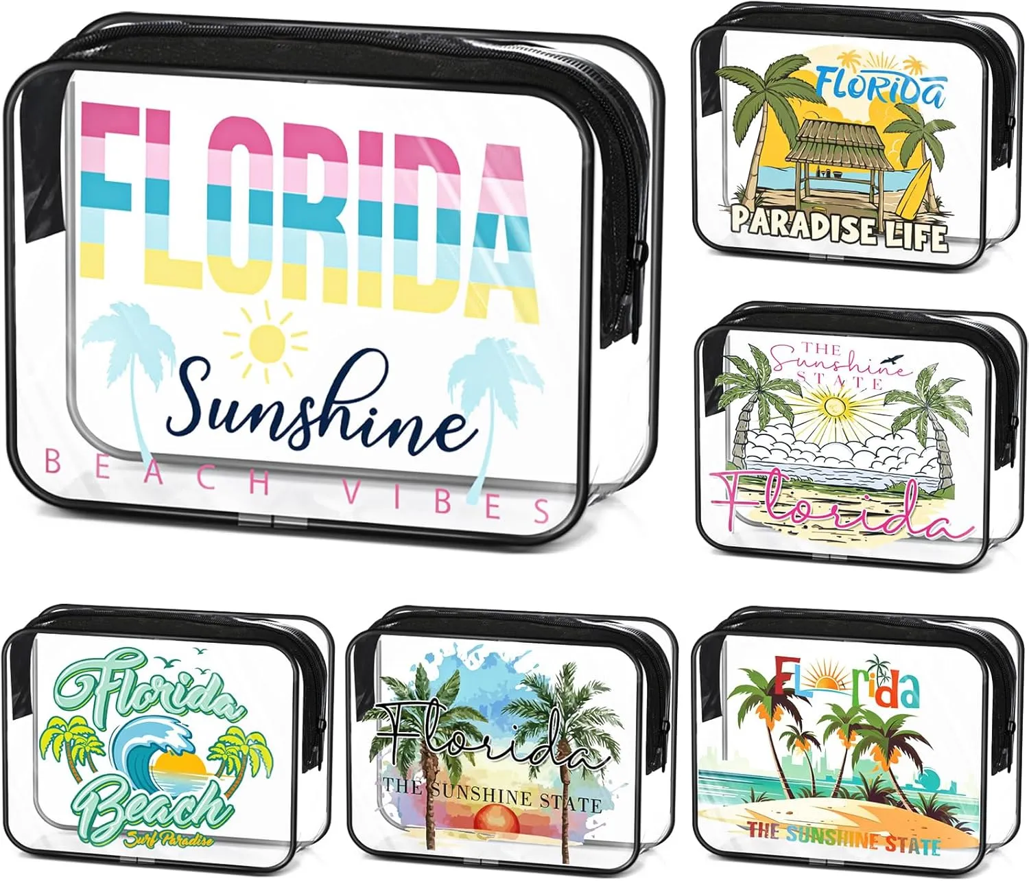 Reginary 6 Pcs Florida Souvenirs and Gifts Clear Beach Cosmetic Bags for Women PVC Plastic Florida Makeup Bags Waterproof Travel Toiletry Handbags Survival Kit Pouch with Zipper for Summer Vacation
