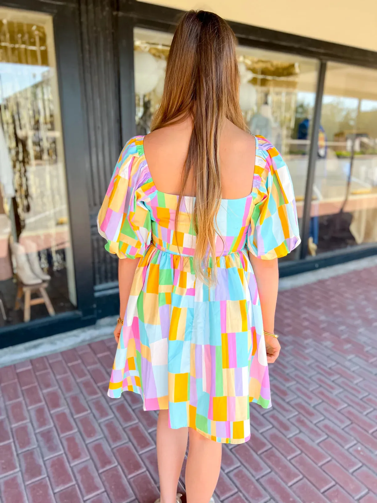 RESTOCK Pastel Windowpane Puff Sleeve Dress