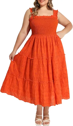 RITERA Plus Size Dresses Square Neck Sleeveless Smocked Sundress with Pockets A-line Ruffle Hem Eyelet Maxi Dresses XL-5XL