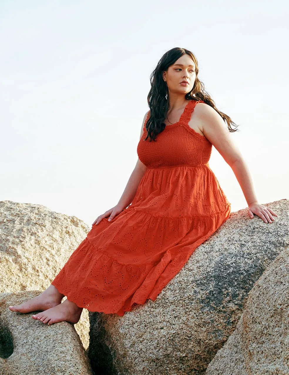RITERA Plus Size Dresses Square Neck Sleeveless Smocked Sundress with Pockets A-line Ruffle Hem Eyelet Maxi Dresses XL-5XL