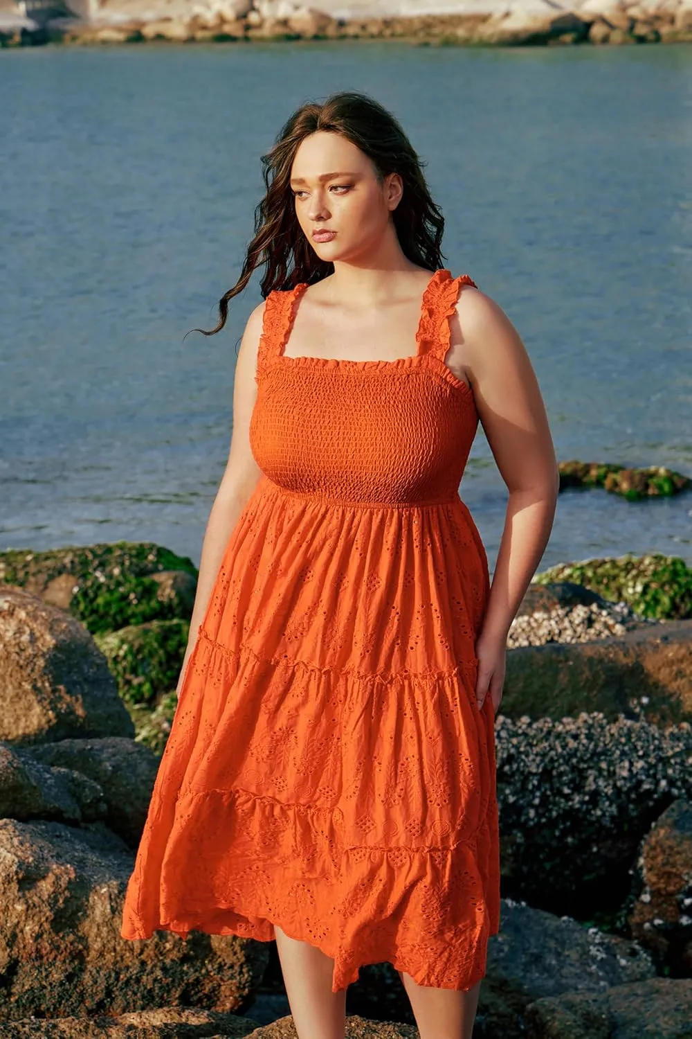 RITERA Plus Size Dresses Square Neck Sleeveless Smocked Sundress with Pockets A-line Ruffle Hem Eyelet Maxi Dresses XL-5XL