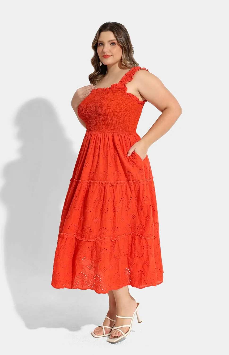 RITERA Plus Size Dresses Square Neck Sleeveless Smocked Sundress with Pockets A-line Ruffle Hem Eyelet Maxi Dresses XL-5XL