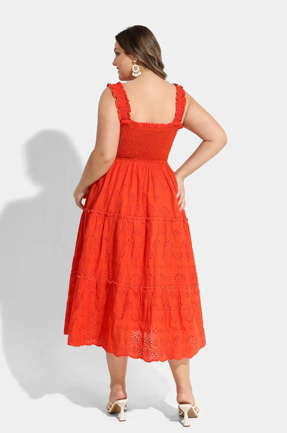 RITERA Plus Size Dresses Square Neck Sleeveless Smocked Sundress with Pockets A-line Ruffle Hem Eyelet Maxi Dresses XL-5XL