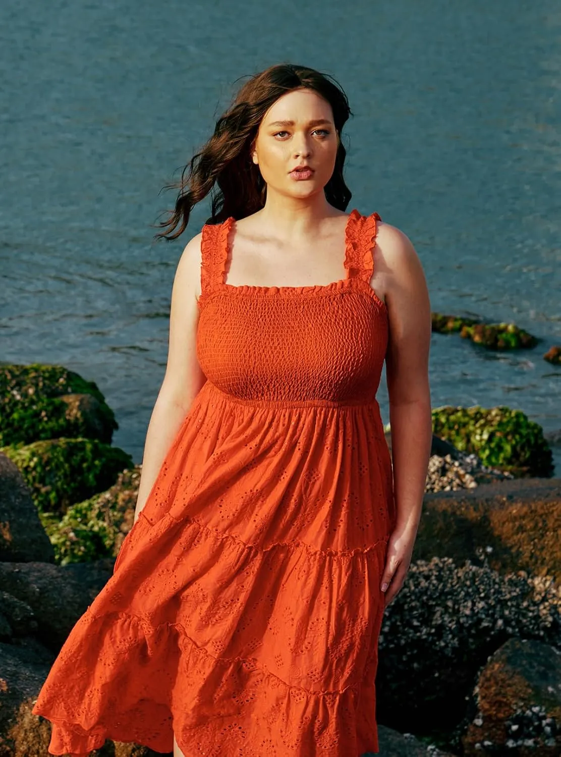 RITERA Plus Size Dresses Square Neck Sleeveless Smocked Sundress with Pockets A-line Ruffle Hem Eyelet Maxi Dresses XL-5XL