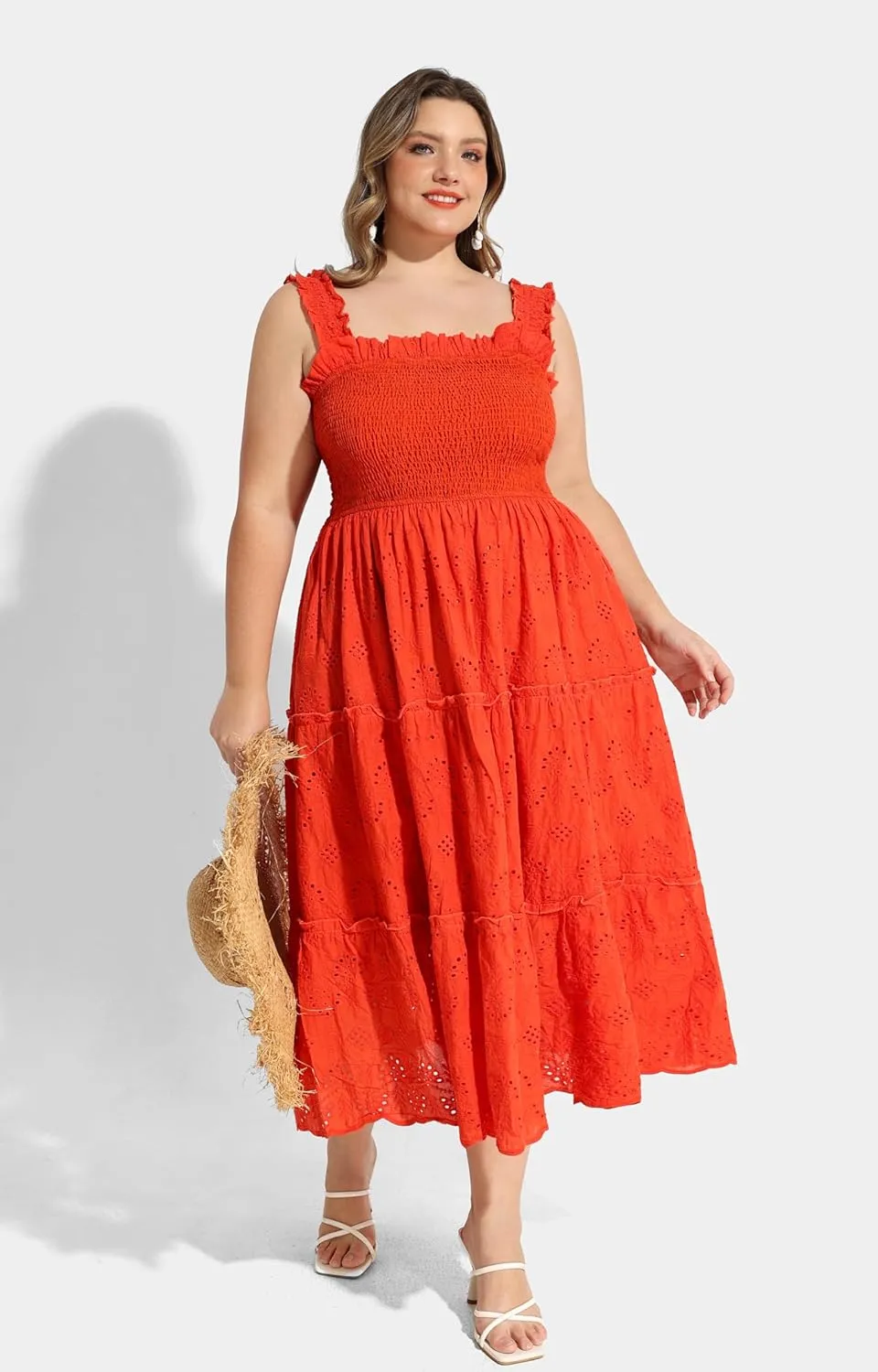 RITERA Plus Size Dresses Square Neck Sleeveless Smocked Sundress with Pockets A-line Ruffle Hem Eyelet Maxi Dresses XL-5XL