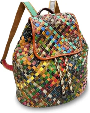 Riutiru Unique Style Genuine Leather Handwoven Mosaic Backpack for Everyday Work and Travel (A-9228)