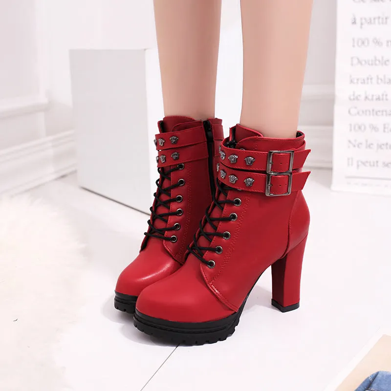 Rivets Hasp Straps Platform Lace Up High Chunky Heel Ankle Martin Boots