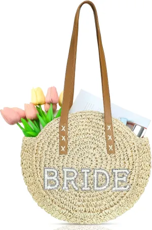 Silkfly Bride Straw Bag Bride Gift Large Bride Tote Pearl Letters Beach Handbags for Bachelorette Wedding Honeymoon Vacation