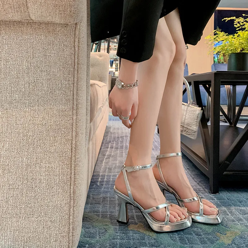 Silver Toe Strap French Style Sexy Stiletto Sandals