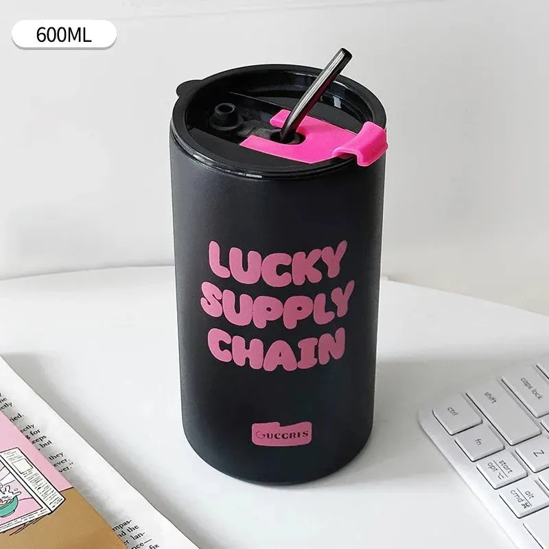 SINOTAO  -  350/600ml Cute Thermos Water Bottle Tumbler Korean Thermal Cup For Coffee Tea Beer Juice Sainless Steel Straw Insulated Cup Gift