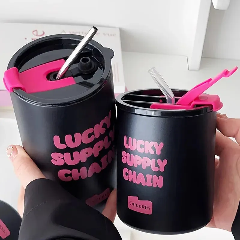 SINOTAO  -  350/600ml Cute Thermos Water Bottle Tumbler Korean Thermal Cup For Coffee Tea Beer Juice Sainless Steel Straw Insulated Cup Gift