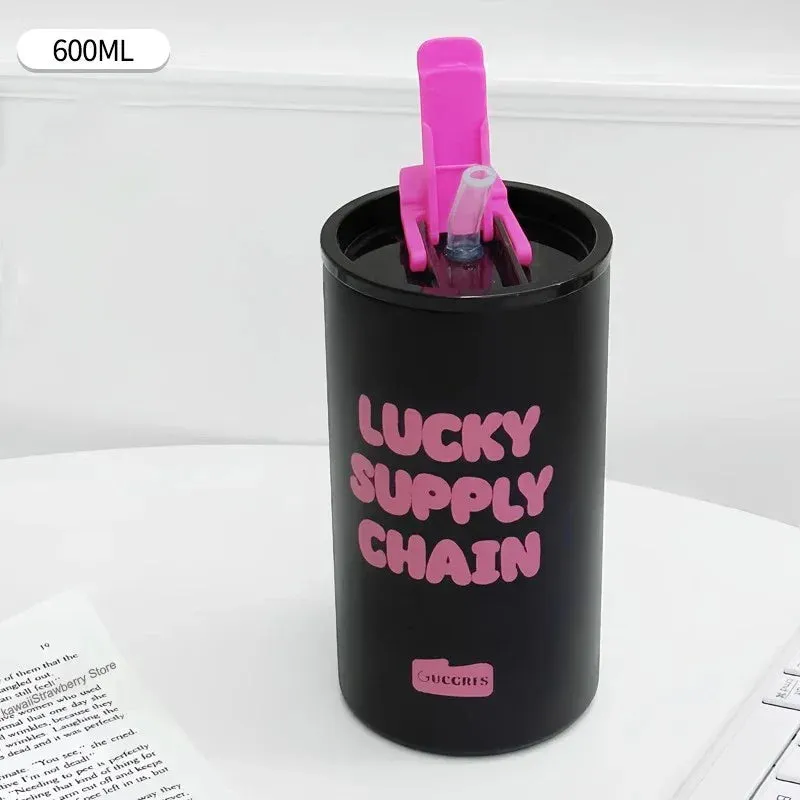 SINOTAO  -  350/600ml Cute Thermos Water Bottle Tumbler Korean Thermal Cup For Coffee Tea Beer Juice Sainless Steel Straw Insulated Cup Gift