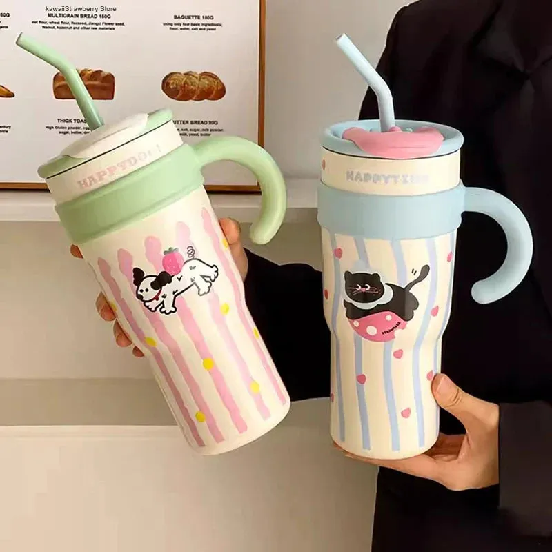 SINOTAO  -  700/1200ml Kawaii Thermal Tumbler Large Capacity Thermos Mug For Coffee Water Tea Stainless Steel Thermos Bottle With Handle