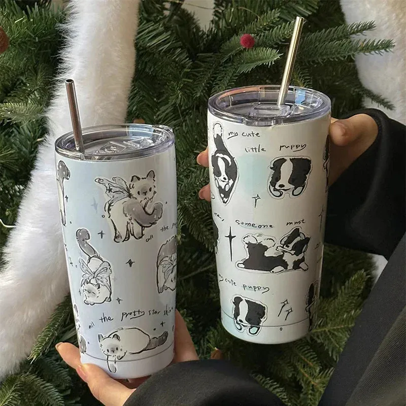 SINOTAO  -  Cute Cat Tumbler Thermal Cup For Coffee Tea Beer Juice 550ml Kawaii Sainless Steel Thermos With Straw Car Cup Water Bottle Gift