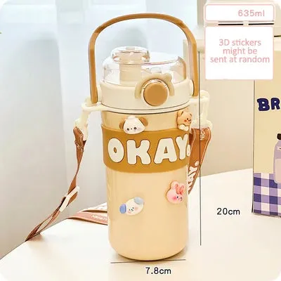 SINOTAO   -  Kawaii Thermal Water Bottle With Straw Sticker Stainless Steel Thermos Keep Cold Hot Coffee Bubble Tea Cute Bottle For Kid Girl