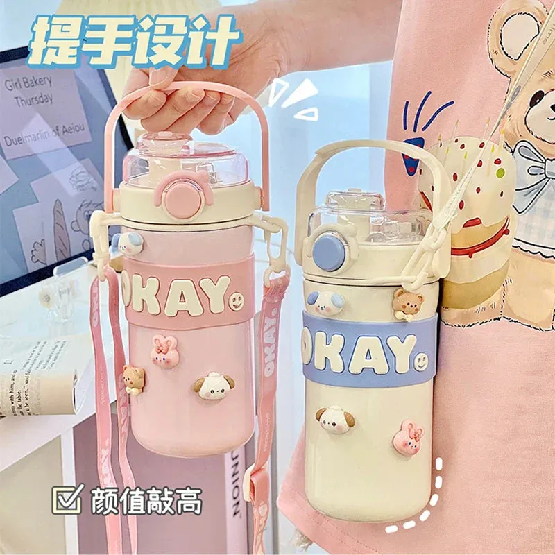 SINOTAO   -  Kawaii Thermal Water Bottle With Straw Sticker Stainless Steel Thermos Keep Cold Hot Coffee Bubble Tea Cute Bottle For Kid Girl