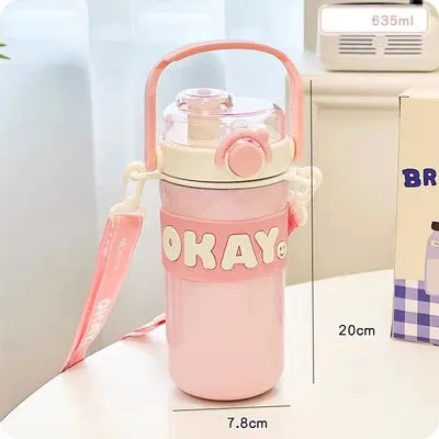 SINOTAO   -  Kawaii Thermal Water Bottle With Straw Sticker Stainless Steel Thermos Keep Cold Hot Coffee Bubble Tea Cute Bottle For Kid Girl