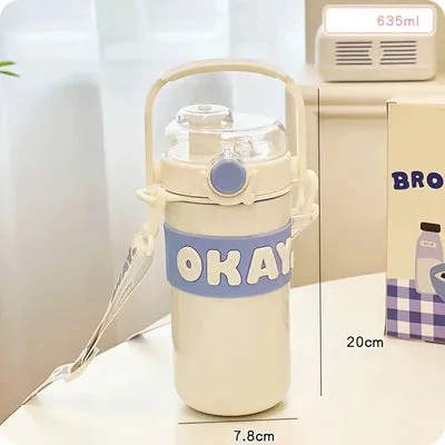 SINOTAO   -  Kawaii Thermal Water Bottle With Straw Sticker Stainless Steel Thermos Keep Cold Hot Coffee Bubble Tea Cute Bottle For Kid Girl
