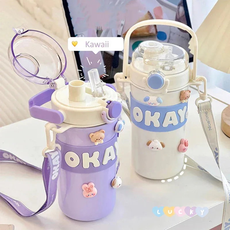 SINOTAO   -  Kawaii Thermal Water Bottle With Straw Sticker Stainless Steel Thermos Keep Cold Hot Coffee Bubble Tea Cute Bottle For Kid Girl