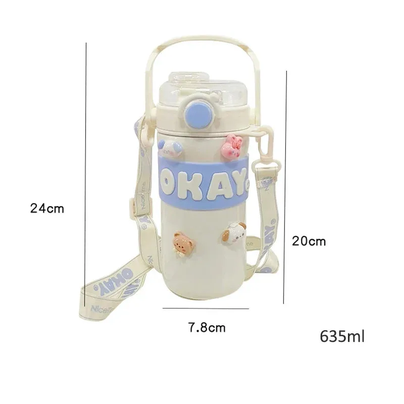 SINOTAO   -  Kawaii Thermal Water Bottle With Straw Sticker Stainless Steel Thermos Keep Cold Hot Coffee Bubble Tea Cute Bottle For Kid Girl