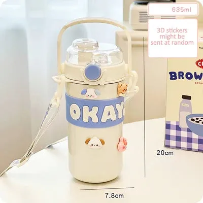 SINOTAO   -  Kawaii Thermal Water Bottle With Straw Sticker Stainless Steel Thermos Keep Cold Hot Coffee Bubble Tea Cute Bottle For Kid Girl