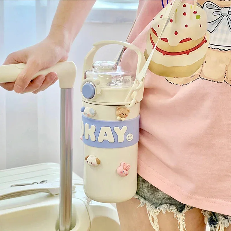 SINOTAO   -  Kawaii Thermal Water Bottle With Straw Sticker Stainless Steel Thermos Keep Cold Hot Coffee Bubble Tea Cute Bottle For Kid Girl