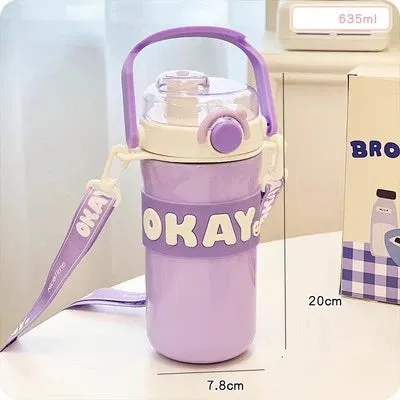 SINOTAO   -  Kawaii Thermal Water Bottle With Straw Sticker Stainless Steel Thermos Keep Cold Hot Coffee Bubble Tea Cute Bottle For Kid Girl